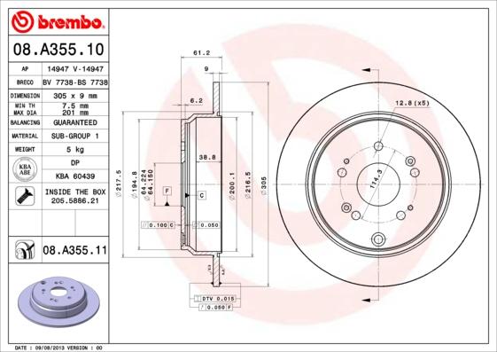 Brembo 08.A355.11 - Tarcza hamulcowa parts5.com