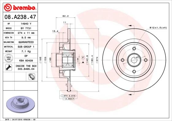 Brembo 08.A238.47 - Brzdový kotouč parts5.com