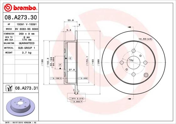 Brembo 08.A273.31 - Disque de frein parts5.com