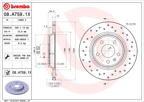 Brembo 08.A759.1X - Brzdový kotúč parts5.com