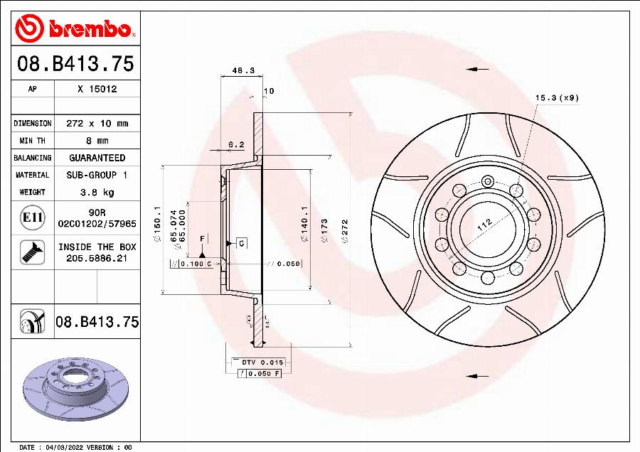 Brembo 08.B413.75 - Zavorni kolut parts5.com