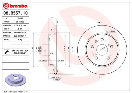 Brembo 08.B557.10 - Disc frana parts5.com