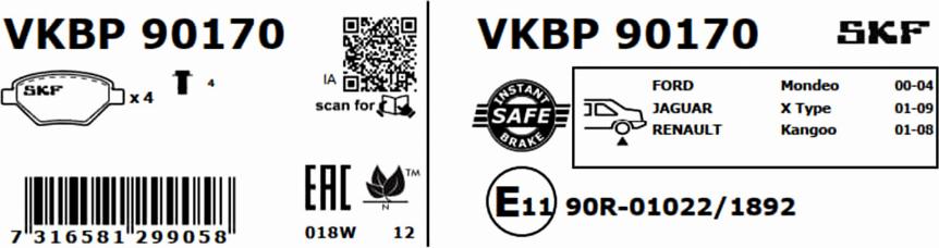 SKF VKBP 90170 - Komplet zavornih oblog, ploscne (kolutne) zavore parts5.com