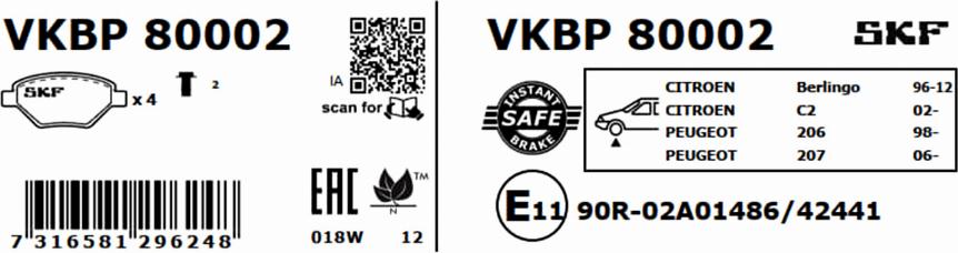 SKF VKBP 80002 - Σετ τακάκια, δισκόφρενα parts5.com