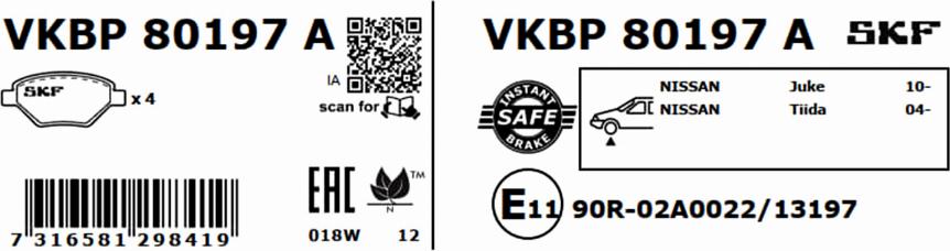 SKF VKBP 80197 A - Brake Pad Set, disc brake parts5.com