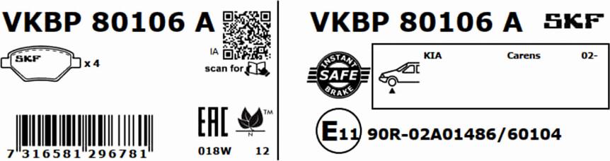 SKF VKBP 80106 A - Komplet zavornih oblog, ploscne (kolutne) zavore parts5.com