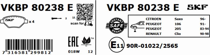 SKF VKBP 80238 E - Fékbetétkészlet, tárcsafék parts5.com