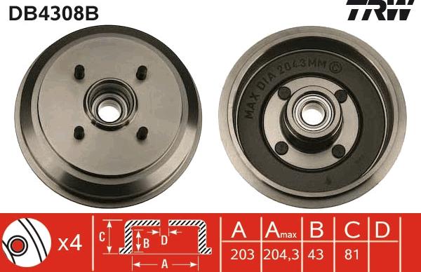 TRW DB4308B - Tambur frana parts5.com