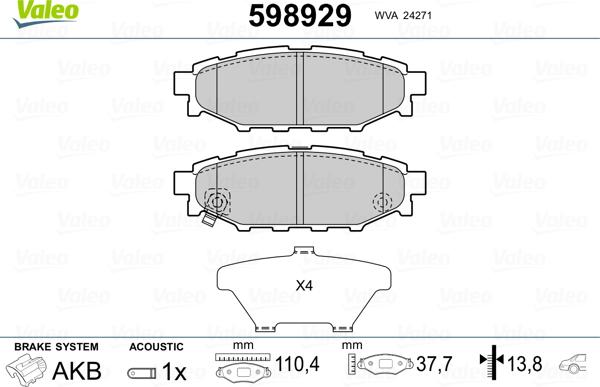 Valeo 598929 - Piduriklotsi komplekt,ketaspidur parts5.com