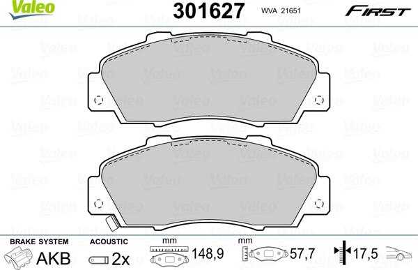 Valeo 301627 - Kit de plaquettes de frein, frein à disque parts5.com