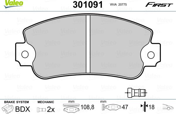 Valeo 301091 - Sada brzdových destiček, kotoučová brzda parts5.com