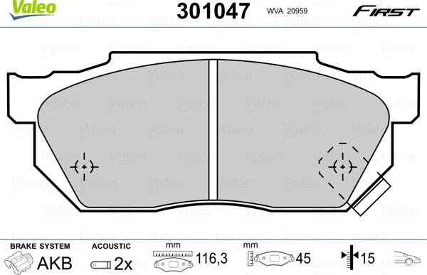 Valeo 301047 - Komplet zavornih oblog, ploscne (kolutne) zavore parts5.com