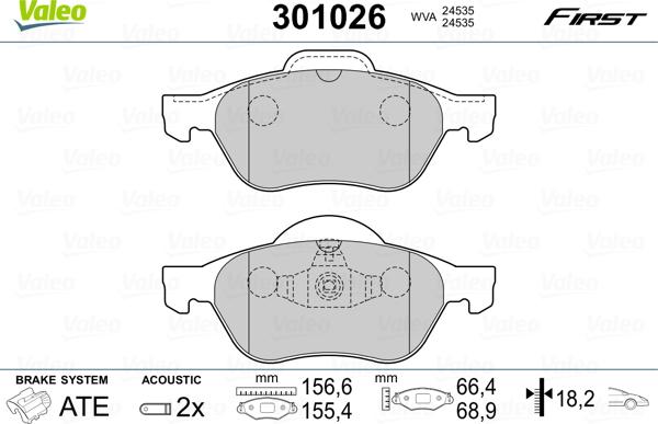 Valeo 301026 - Комплект спирачно феродо, дискови спирачки parts5.com