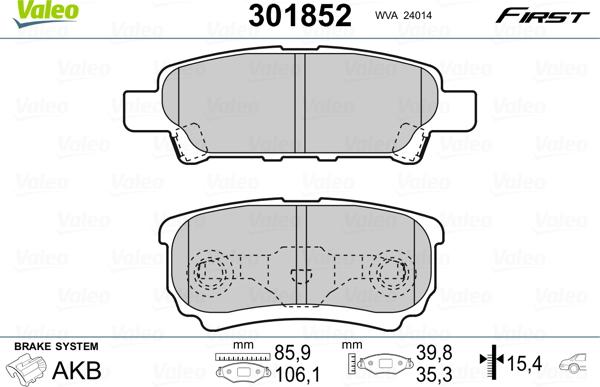 Valeo 301852 - Bremsbelagsatz, Scheibenbremse parts5.com