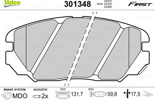 Valeo 301348 - Sada brzdových destiček, kotoučová brzda parts5.com