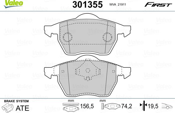 Valeo 301355 - Тормозные колодки, дисковые, комплект parts5.com