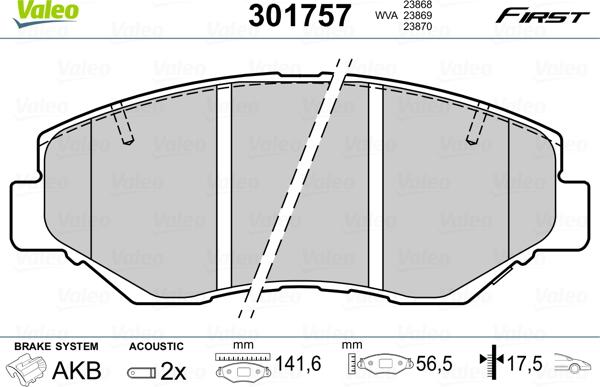 Valeo 301757 - Sada brzdových platničiek kotúčovej brzdy parts5.com