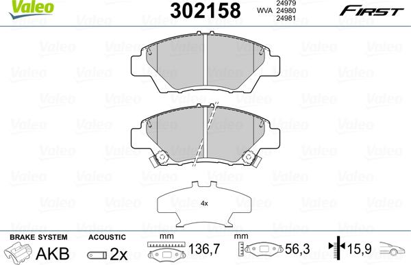 Valeo 302158 - Комплект спирачно феродо, дискови спирачки parts5.com