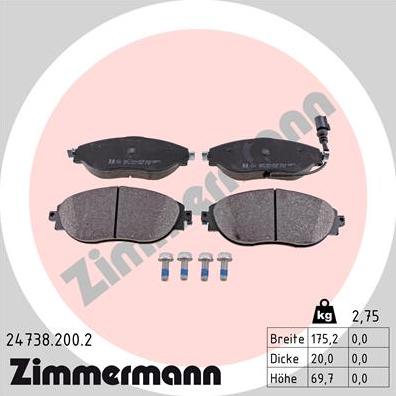 Zimmermann 24738.200.2 - Тормозные колодки, дисковые, комплект parts5.com