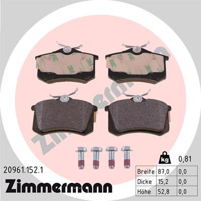 Zimmermann 20961.152.1 - Komplet zavornih oblog, ploscne (kolutne) zavore parts5.com