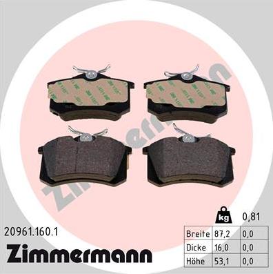 Zimmermann 20961.160.1 - Fren balata seti, diskli fren parts5.com